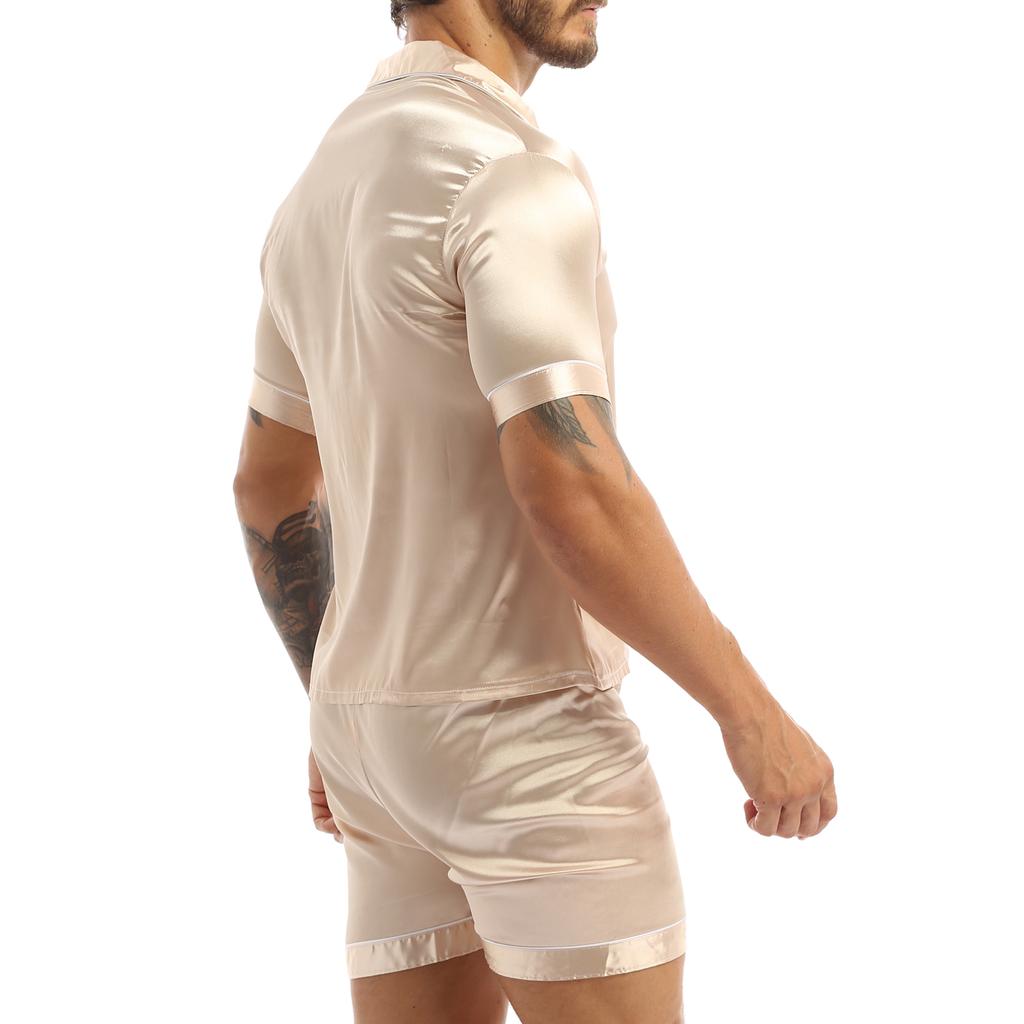 Set de pijamale din satin mătăsos pentru bărbați, cu mâneci scurte, cămașă cu nasturi, cu pantaloni scurți.