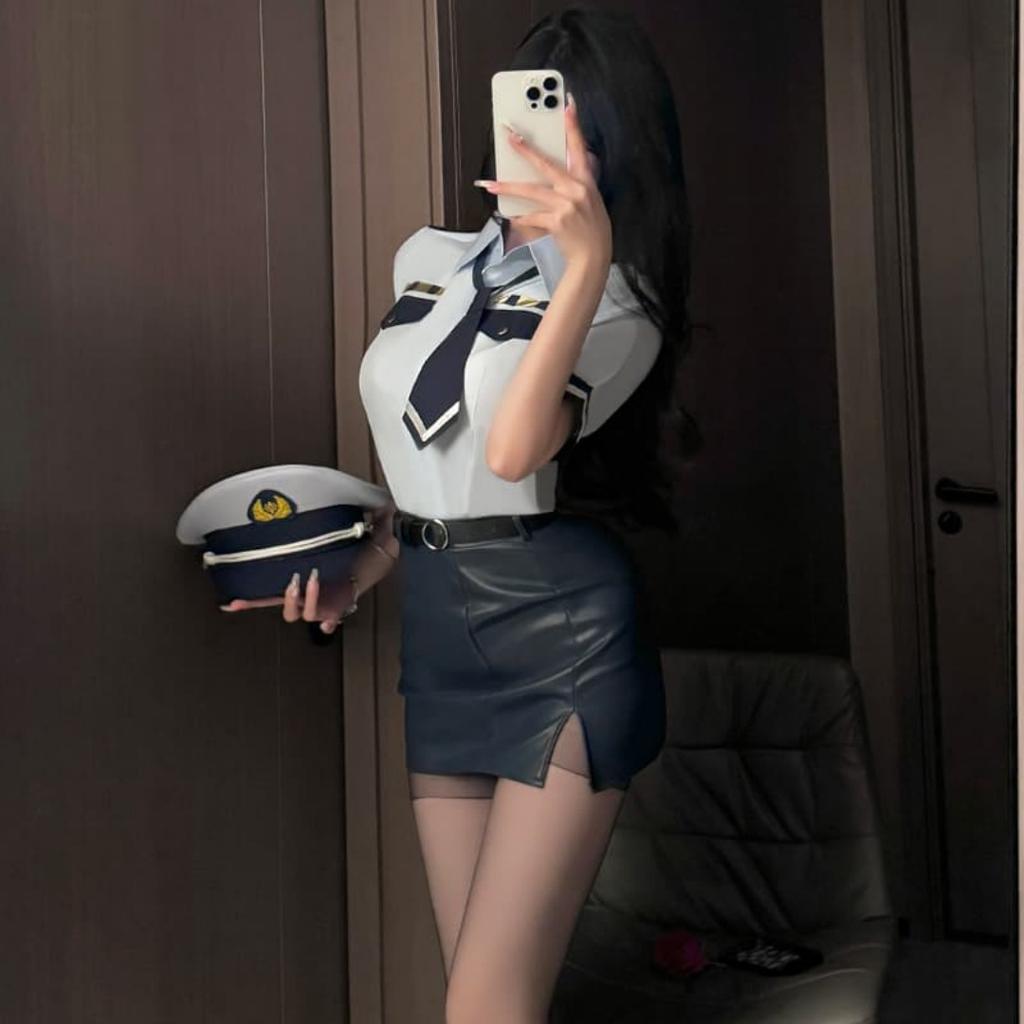 Sexy Flight Attendant Police OL Woman Sexy Cosplay Lingerie Office Lady Erotic Costume Wrap Hip PU Leather Skirt and Shirt Set