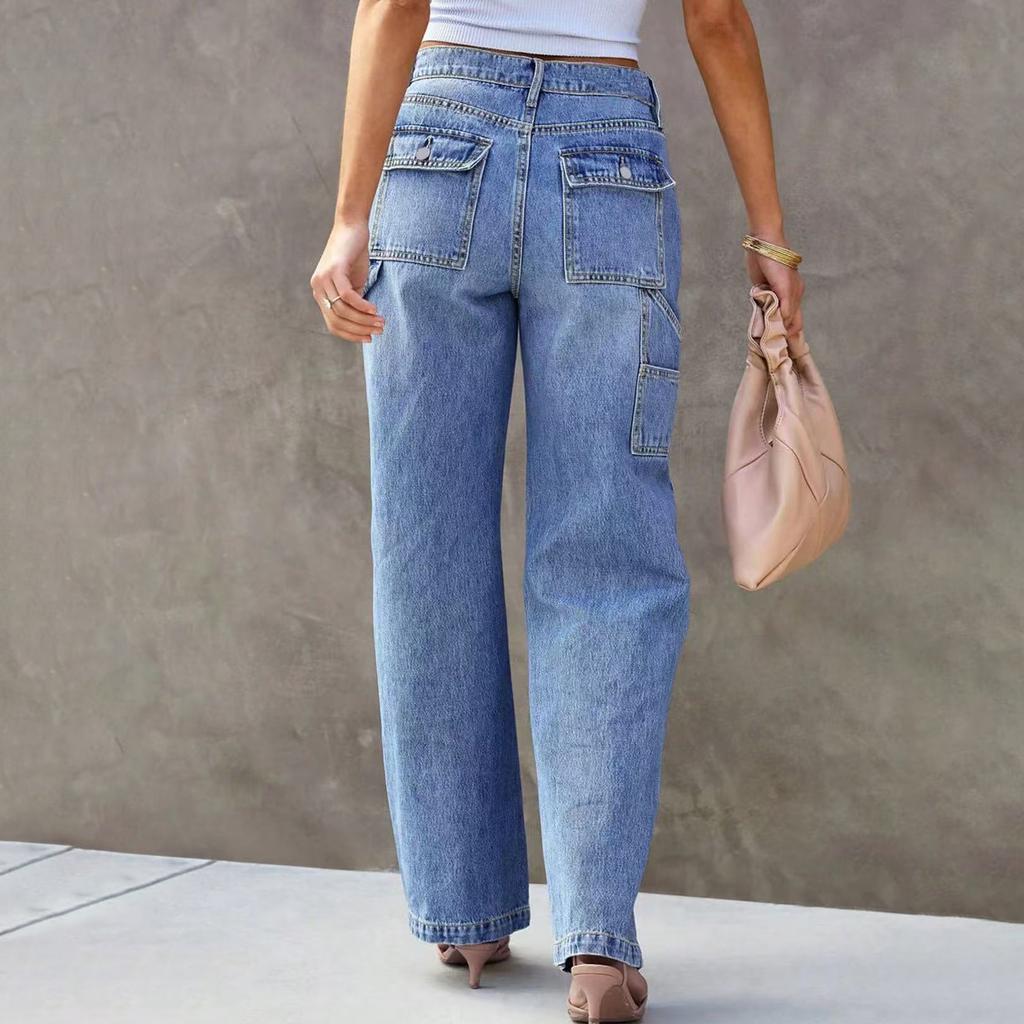 Women's Mid- Stretch Jeans Fashion Straight Leg Denim Pants With Pockets