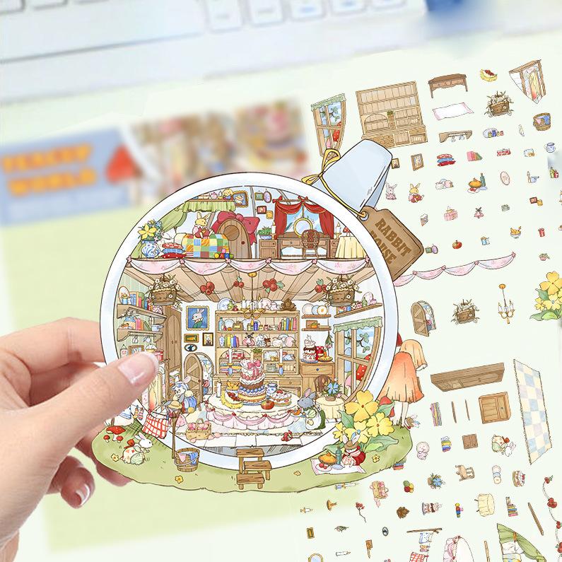 Cartoon Landscape Sticker Cute Miniature World 3D Three-dimensional House Unzipped DIY Scene Handbook Sticker