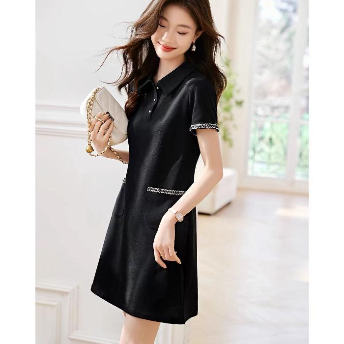 

Korean version casual lapel front shoulder simple dress short sleeve new temperament thin POLO skirt women s summer 3XL чорний