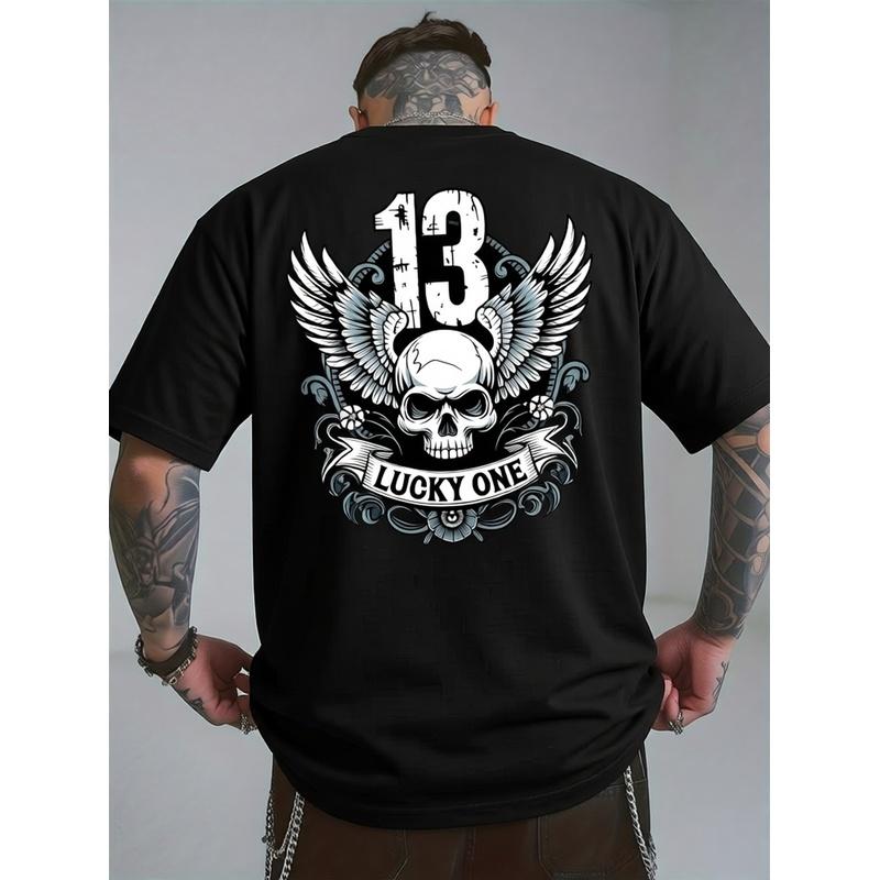 Luck One 13 Ανδρικό Κοντομάνικο T-Shirt με Γραφικό Σχέδιο στην Πλάτη - Ζωντανό Κίτρινο με Έντονο 13, Σχέδιο με Φτερά και Κρανίο, Διαπνέον, Στρογγυλή Λαιμόκοψη, Casual, Καλοκαιρινό