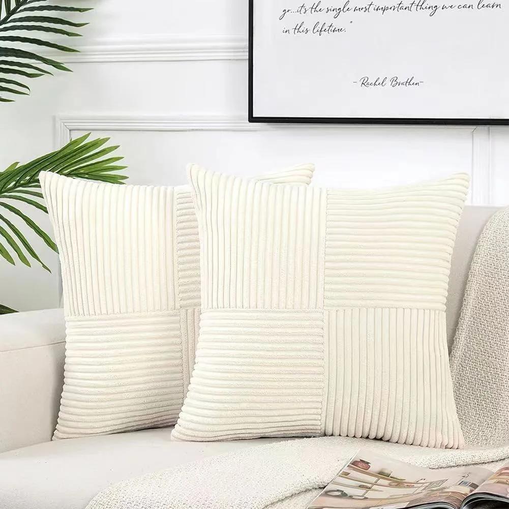 Beige Throw Pillow Covers 18x18inch 45x45CM Solid Corduroy Striped Cross Patchwork Textured Cushion Covers Home Decor for Couch