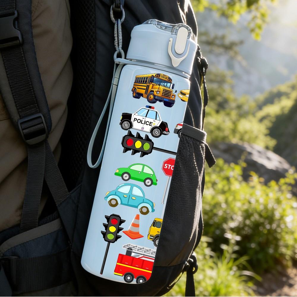 1PC Mini Toy Vehicle Group Cartoon Print 750ml Color Plastic Sports Water Bottle Leakproof Flip Straw Lid Suitable for Sports Office Home Use