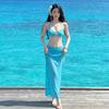 Bikini Swimsuit Three-piece Set, Polyester Maxi Skirt, Beach Vacation, Sexy Fitted Lake Blue Brightening Swimsuit