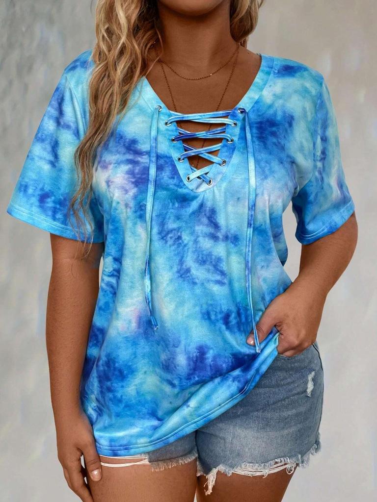 Top Casual da Donna a Manica Corta Tie Dye con Lacci e Scollo a V Taglie Forti