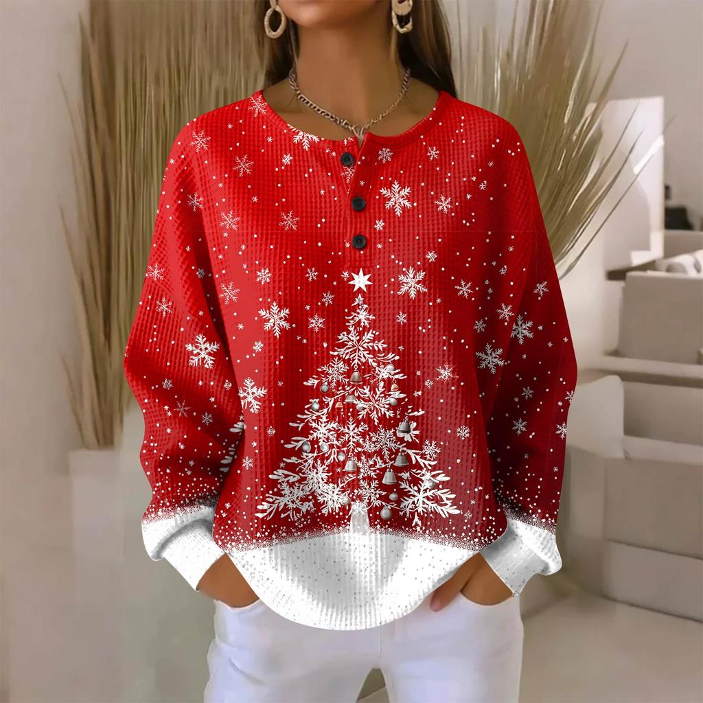 Camicia da donna alla moda casual con stampa natalizia, scollo a V, maniche lunghe e abbottonatura.