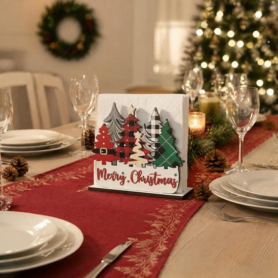 Holiday Napkin Dispenser Christmas Holder, Wooden Tissue Dispenser, Cute Santa Claus Xmas Vertical Paper Towel Storage Tree Freestanding Cocktail