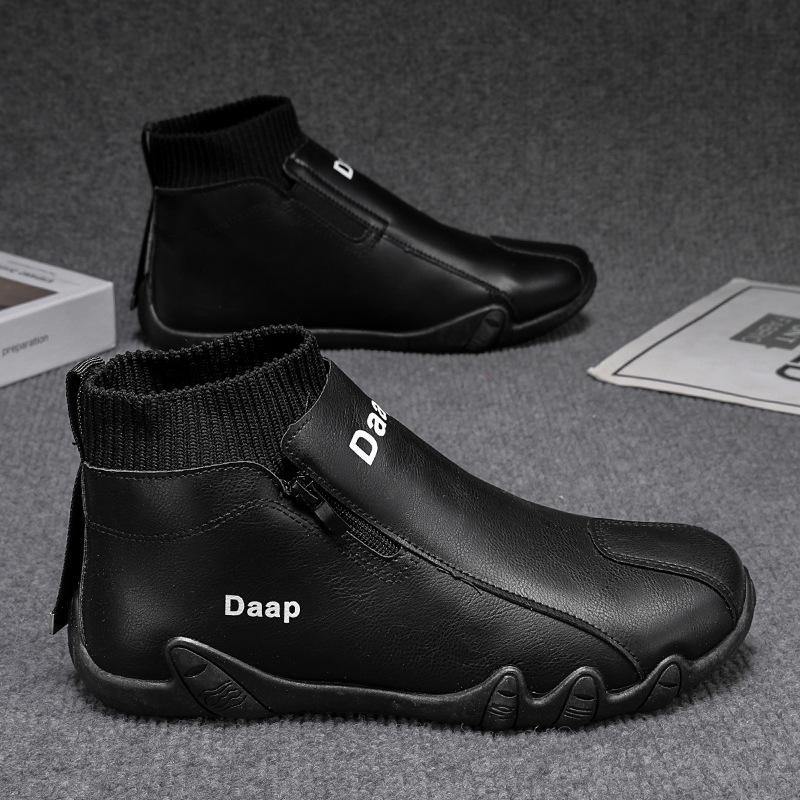 Versatile Trendy Brand High-top Shoes Men's Martin Boots Velvet Cotton Shoes Autumn and Winter Casual Sports Five-finger Shoes Zipper Lazy Shoes