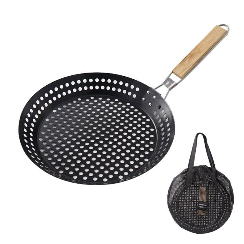 Outdoor Grill Pan for Camp Stove Meals, 12Inch Perforated Iron Pan with Folding Wooden Handle and Nonstick Surfaces