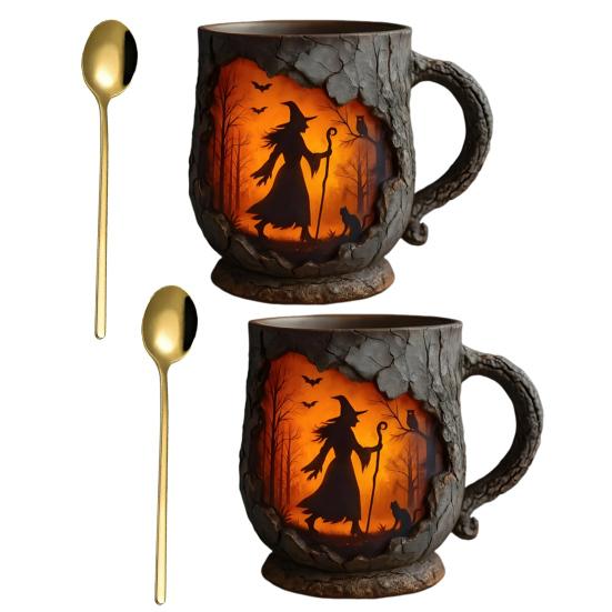 Yousheng Vintage Coffee Mugs Mystical Witch Bark Texture Mug Halloween Campfire Cup Outdoor Adventure Gift for Hikers Nature Lovers