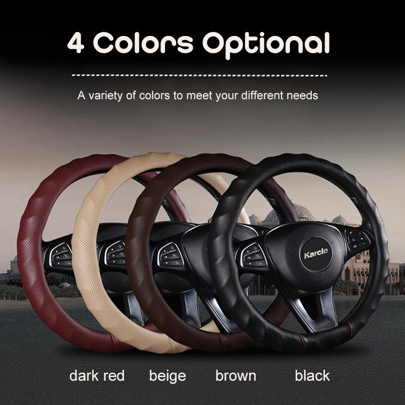 Karcle 3D PU Leather Steering Wheel Cover 15 Inch O/D Type Great Grip Anti-Slip Design Four Seasons Auto Car Protection
