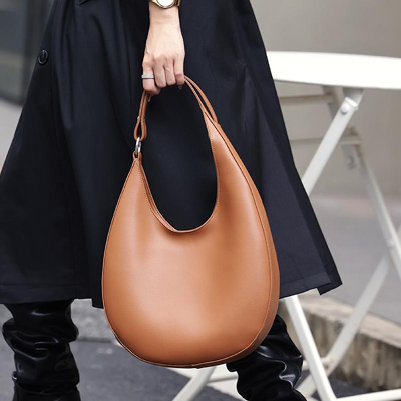 HIFASHION Genuine Cowhide Leather Half Moon Bags Casual Underarm Shoulder Purse Large Capacity Crossbody Hobo Work Tote Handbags
