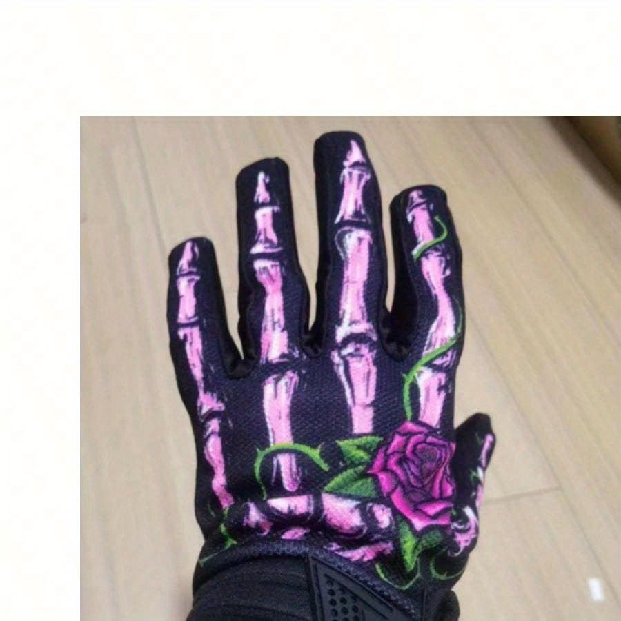 1pair Men's and Women's Rose Patterned Long Finger Outdoor Sports Off-Road Bike Cycling Gloves In Black and Pink, Winter Hand Warmers