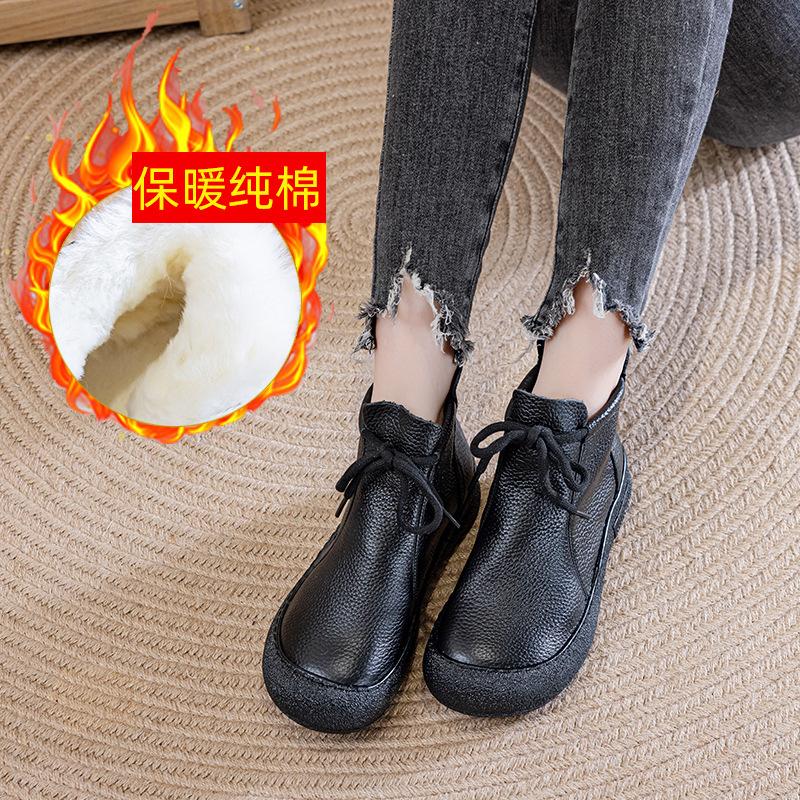Fashion 2025 Winter Genuine Leather Boots Women's High Top Laced Up Flats Woman Warm Short Plush Boot Ladies Orthopedic Shoe Ankle Boots