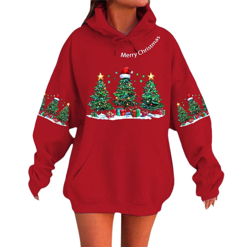 Women's Fashionable Casual Long-Sleeved Christmas Holiday Party Printed Hooded Sweatshirt