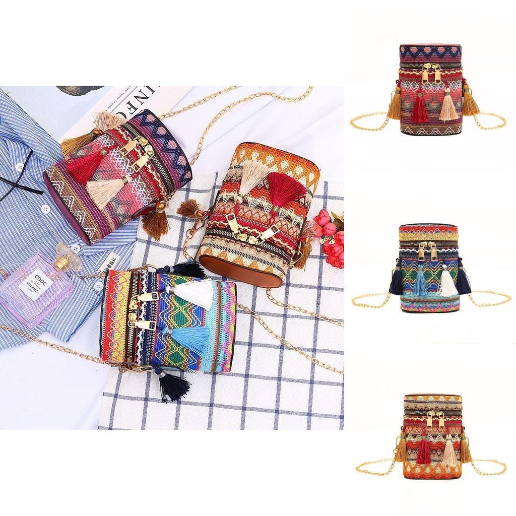 Bohemian Fashion Colorful Woven Texture Bucket Bag With Tassel Accents And Certificate Pocket For Casual Outings