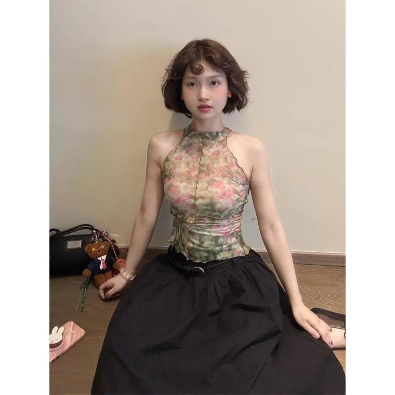 Women's Halter Sleeveless Top Watercolor Floral Print Ruched Slim Fit Casual Fashion Blouse