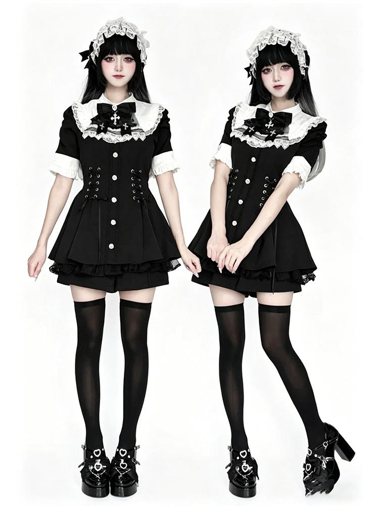 Snowflake Time: Japanese Lolita Stand-Collar Dress Set with Bib & Bow Tie