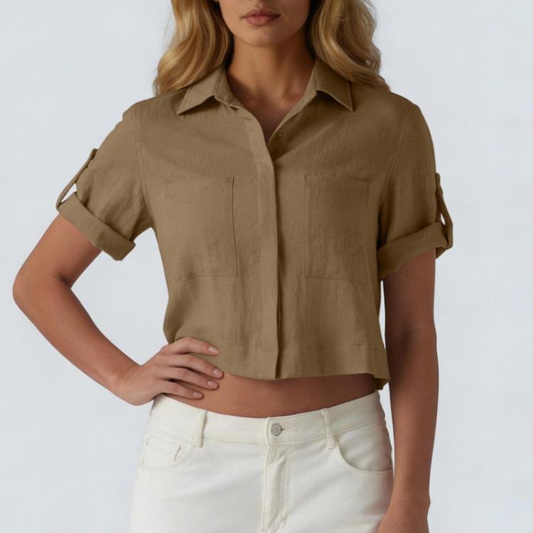 Cropped Lapel Collar Button Down Shirt Women Short Sleeve Relaxed Fit Lightweight Top S верблюд