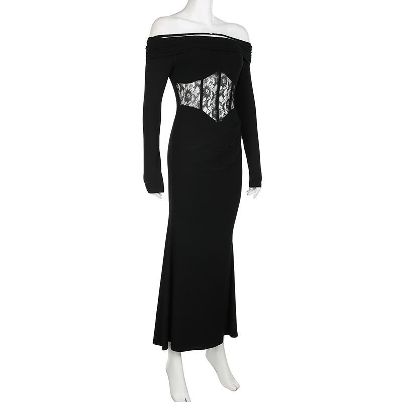 Elegant French Lace One-Shoulder Fishtail Knit Dress - Slim-Fit Waist-Cinching Long Gown for Women