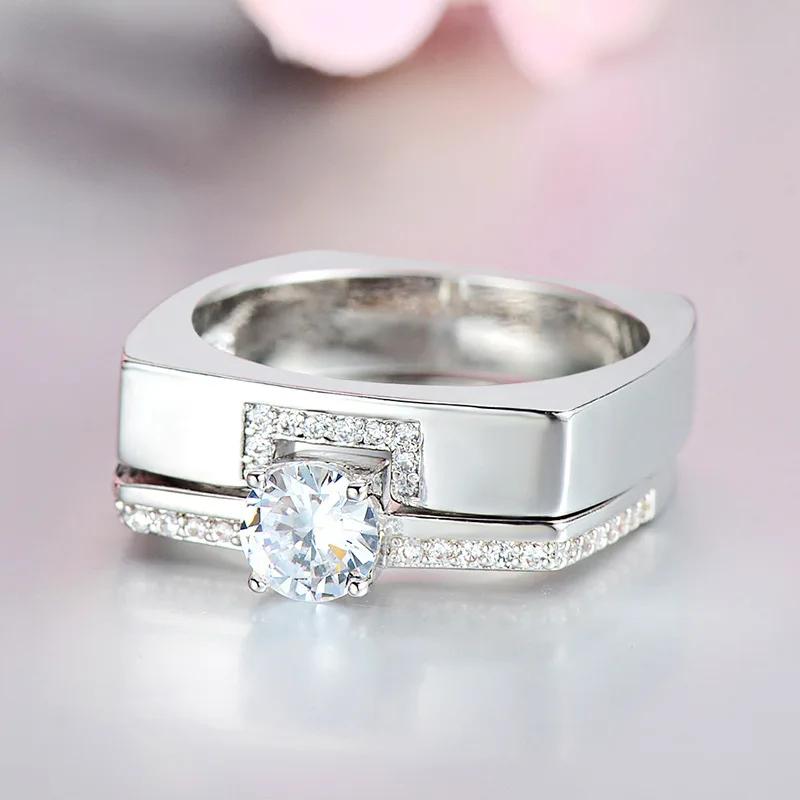 2pcs/set Rose Gold Double Square Rings Set Engagement Woman Cubic Zirconia  Silver Ring for Women Lover Wedding