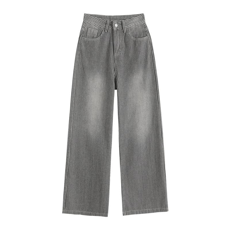 Women's Striped Wide-Leg High-Waisted Jeans - Slimming Loose Fit Black-Gray Floor-Length Pants for Spring and Autumn