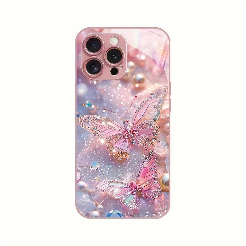 Luxury Butterfly Pearl Pattern Pink Metallic Paint Glass Phone Case For iPhone 11 12 13 14 15 16 17 Pro Max Plus 16E 17Air Cover