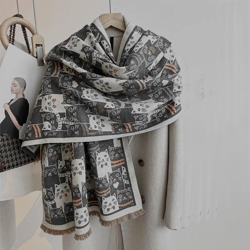 Classic Cartoon Kitten Style Scarf Women's New Versatile Extra Long Imitation Cashmere Fashion Warm Shawl