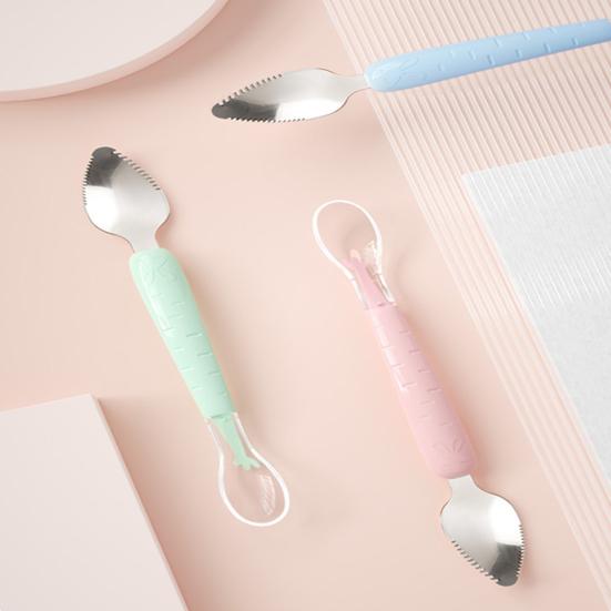 Baby-Obstlöffel, Doppelkopf, leicht zu reinigen, Edelstahl, multifunktionaler Fütterungslöffel für Säuglinge