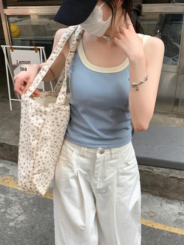 Summer Korean Slim-fit Square Neck Color-Contrast Vest with Chest Pads for Women