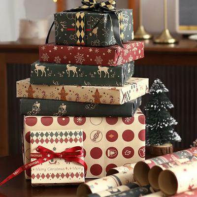 6 Sheets Christmas Kraft Gift Wrapping Paper Elk Santa Claus Snowman Pattern Xmas New Year Decor Gift Packaging DIY Craft Paper