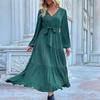 Herbst Winter Langarm Soild Elegante V-ausschnitt Chiffon A-Linie Knielangen Hohe Taille Frauen Kleid
