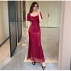 Solid color evening dress skirt women's high-end toasting clothes light luxury sequins niche banquet host fishtail dress