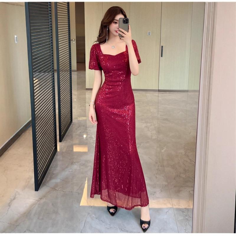 Solid color evening dress skirt women's high-end toasting clothes light luxury sequins niche banquet host fishtail dress