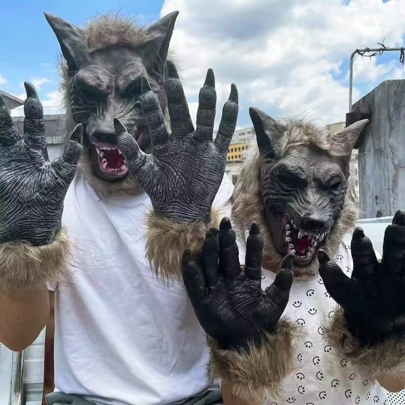 Halloween Latex Rubber Wolf Head Hair Mask Werewolf Gloves Costume Party Scary Decor Masquerade Props