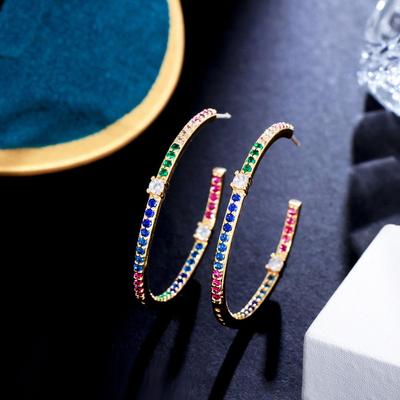CMM Trendy Double Sided Rainbow Cubic Zirconia Pave Half Round Circle Thin Hoop Earrings for Women Gold Color Jewelry