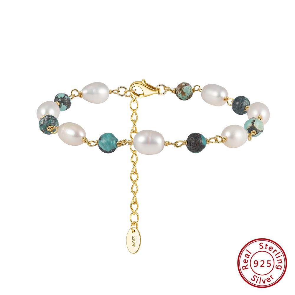 Effie Queen 925 Pure Silver Natural Hubei Turquoise Simple Bracelet Chain Natural Gemstone Pearls Charm Bracelet Bangle MPB15