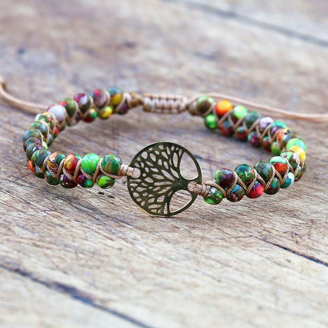 Handmade Natural African Stone Beaded Boho Yoga Wrap Bracelet &Bangle Stainless Steel Tree Of Life Braided Charm Bracelet