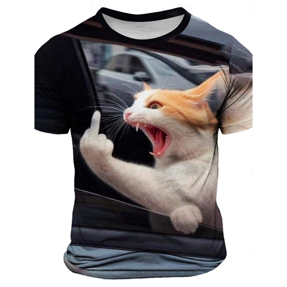 2025 Summer Men's Anger Come Over Cat 3d Printed Short Sleeved Round Neck T-Shirt Bar Party Casual Quick Drying Neutral Clothing