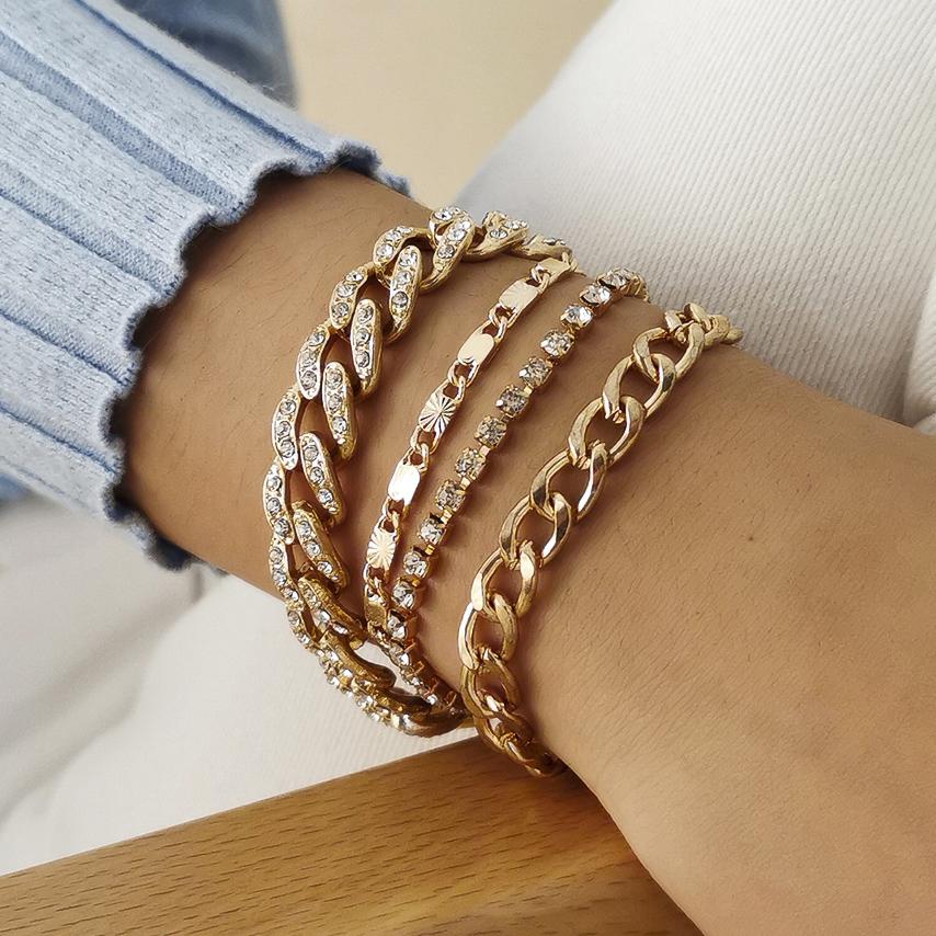 Punk Heavy Metal Rhinestone Chain Bracelets Set for Women Adjustable Crystal Pulseras Bangles Hand Jewelry Gift Steampunk Men