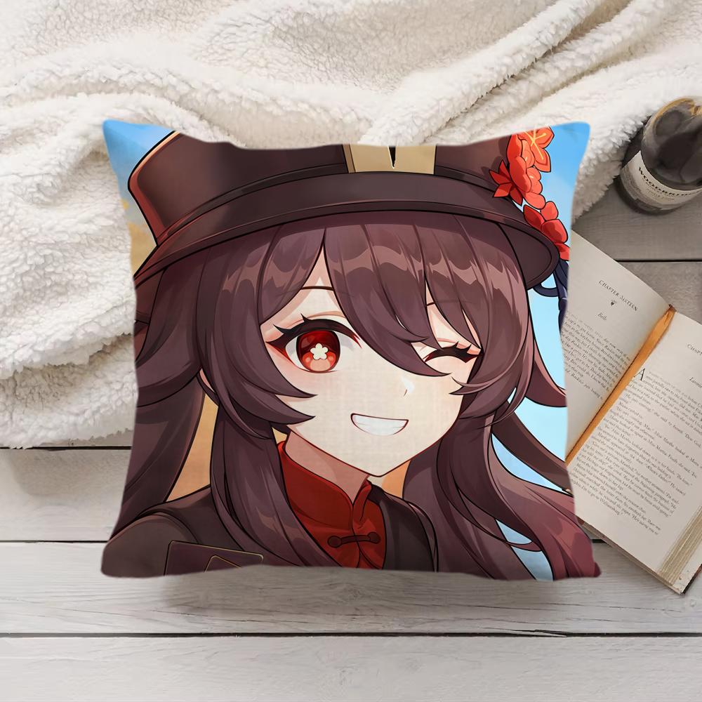 Cute Hu Tao Genshin Impact Cushion Cover Silky Short Plush Invisible Zipper Dustproof Sofa Pillow Case For Home Decor