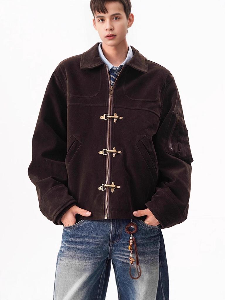 Men's Vintage Distressed Faux Suede Jacket with Airplane Buckle - Retro Autumn Style