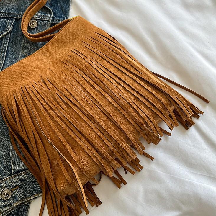 Torba z frędzlami torba damska retro moda wszechstronna damska torba na ramię listonoszka polerowany zamsz z jelenia torba wiaderko z polaru