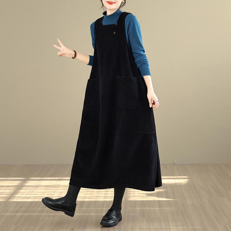 2025 Winter Women's Long Loose Fit Washed Cotton Corduroy Skirt with Square Neck and Slit, Stylish and Slimming Design