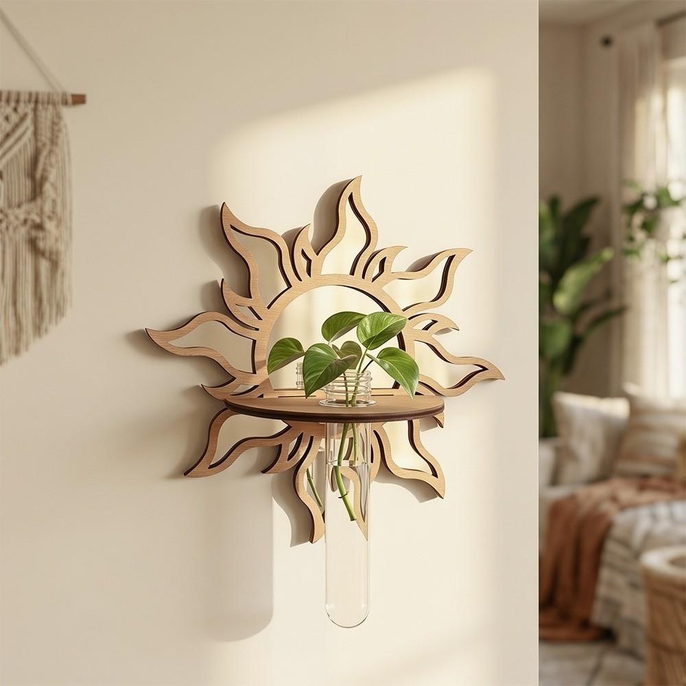 Mushroom House Wood Wall Mount Flower Shelf Sun Clouds Hanging Plant Panel  Living Room