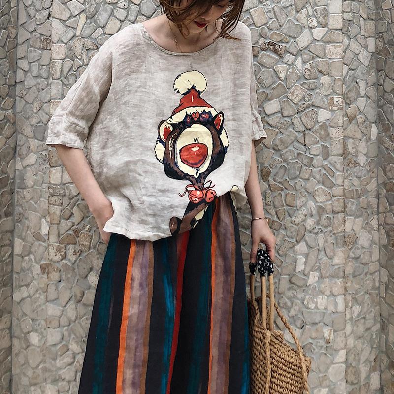 DIMANAF 2025 Women Summer Linen Bat T-shirt Shirt Printed Pattern Blouse Short Sleeve Fashion Tops Tees Loose Tees New