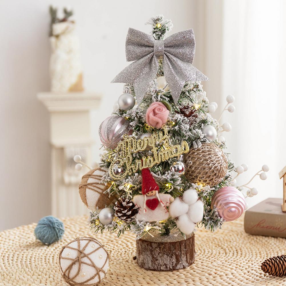 Christmas Tree Desktop Decoration Office Holiday Decor Snow Flocked Mini Christmas Tree with Led Light Ball for Tabletop