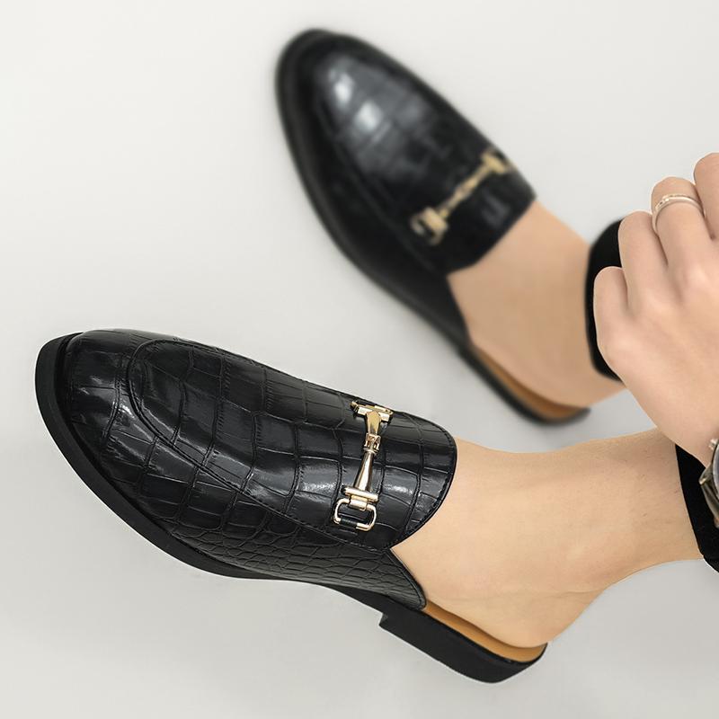 Fashion Summer New Mens Half Slippers Loafers Metal Buckle Patent Leather No Follow-up Breathable Brown Black Daily Commute Casual Shoes