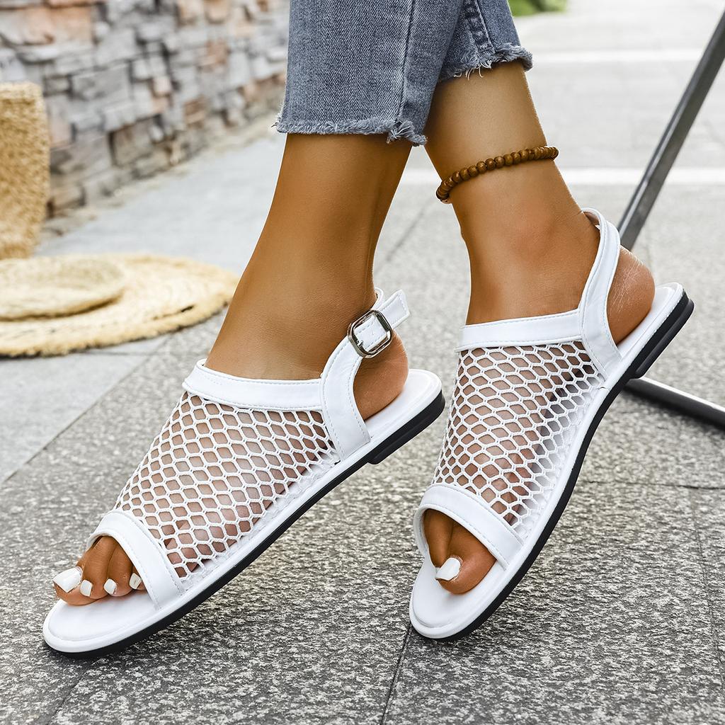 Large size flat bottom back strap sandals women's summer 2025 new breathable fish mouth mesh sandals women